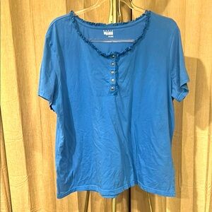 Basic Editions Blue Top with ruffled neckline.